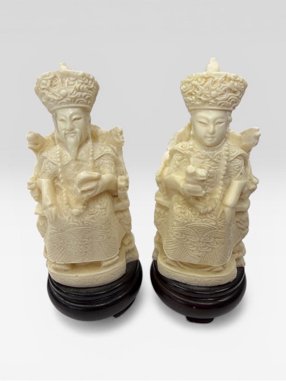 Vtg Cream Hand Carved Resin Chinese Emperor and Empress Wood Base Figurine Set 2 - Picture 1 of 2